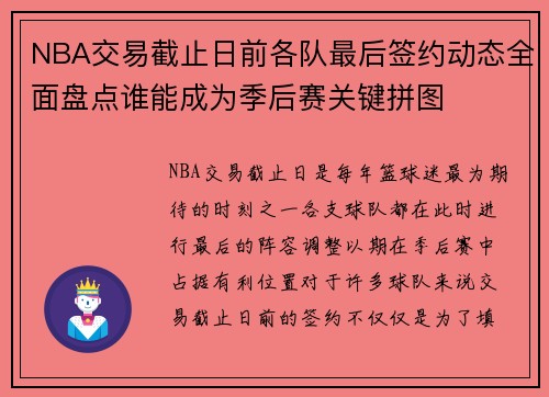 NBA交易截止日前各队最后签约动态全面盘点谁能成为季后赛关键拼图