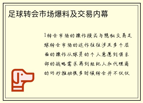 足球转会市场爆料及交易内幕