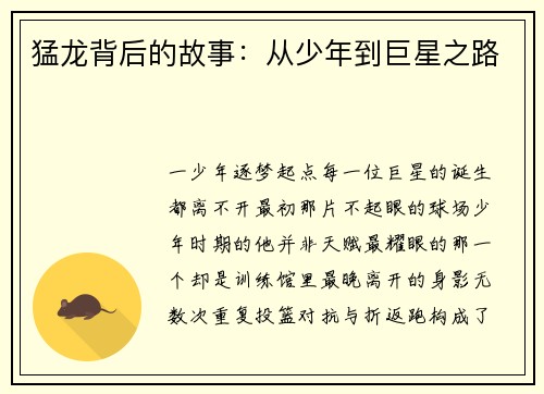 猛龙背后的故事：从少年到巨星之路