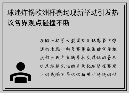 球迷炸锅欧洲杯赛场现新举动引发热议各界观点碰撞不断