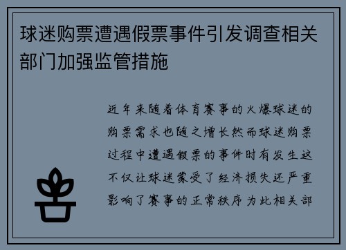 球迷购票遭遇假票事件引发调查相关部门加强监管措施 球迷购票遭遇假票事件引发调查相关部门加强监管措施